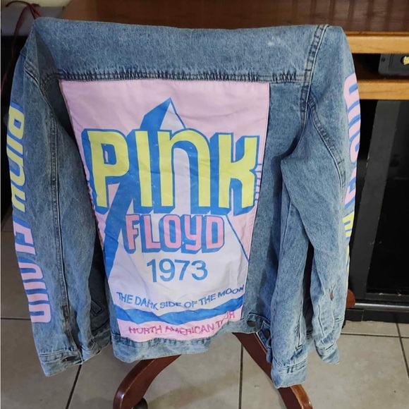 70s Upcycled Pink Floyd Lightwash Denim Jean Oversized Jacket Mens Womans Unisex - Picture 4 of 13